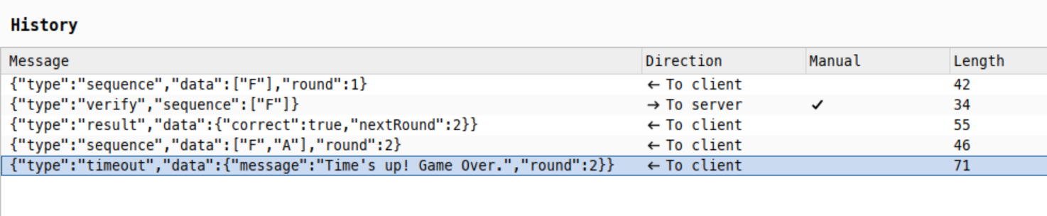 Screenshot of websocket exchanges